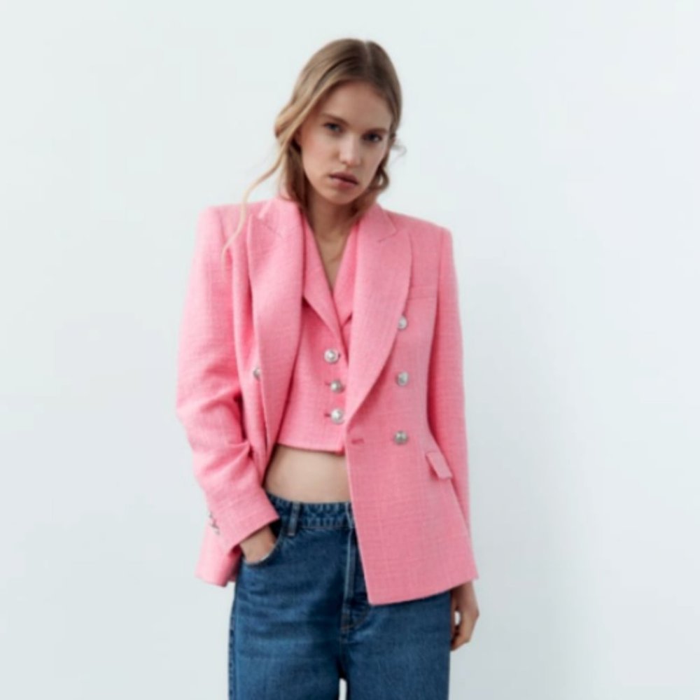 ZARA NEW WOMAN DOUBLE BREASTED TEXTURED WEAVE JACKET PINK 2324/687 7553/687
